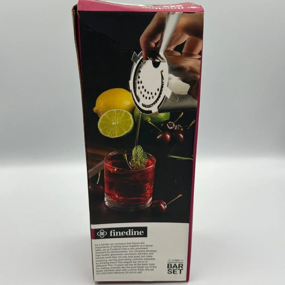 FineDine 14pc Stainless Steel Bar Set Silver Cocktail Shaker Like New